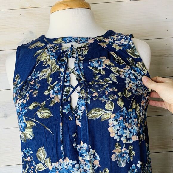 Blue Floral Sleeveless Short Shift Dress With Lace-up Neckline Size Small - Picture 2 of 8